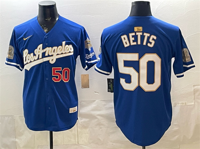 Men's Los Angeles Dodgers #50 Mookie Betts Royal 2026 Gold Collection 9x & B2B Champs Patch Stitched Baseball Jersey