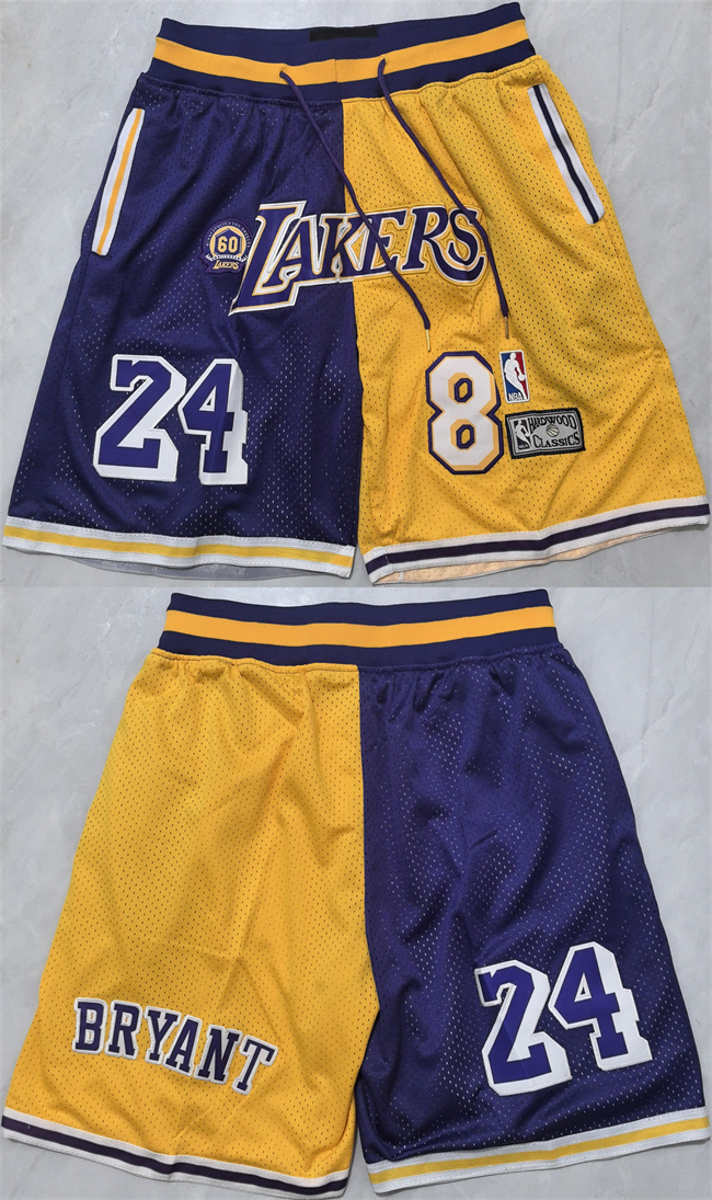 Men's Los Angeles Lakers #8 #24 Kobe Bryant Purple Yellow 2026 Shorts (Run Small)