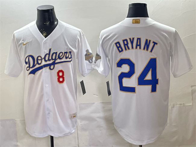 Men's Los Angeles Dodgers Front #8 Back #24 Kobe Bryant White 2026 Gold Collection Stadium Stitched Baseball Jersey