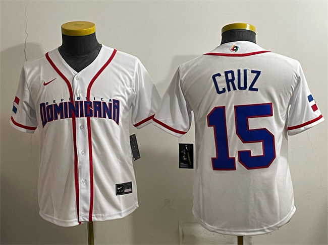 Youth Dominican Republic Baseball #15 Oneil Cruz White 2026 World Baseball Classic Home Stadium Stitched Baseball Jersey