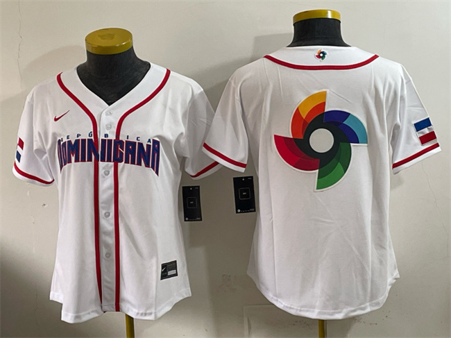 Women's Dominican Republic Baseball White 2026 World Baseball Classic Big Logo Home Stadium Stitched Baseball Jersey(Run Small)