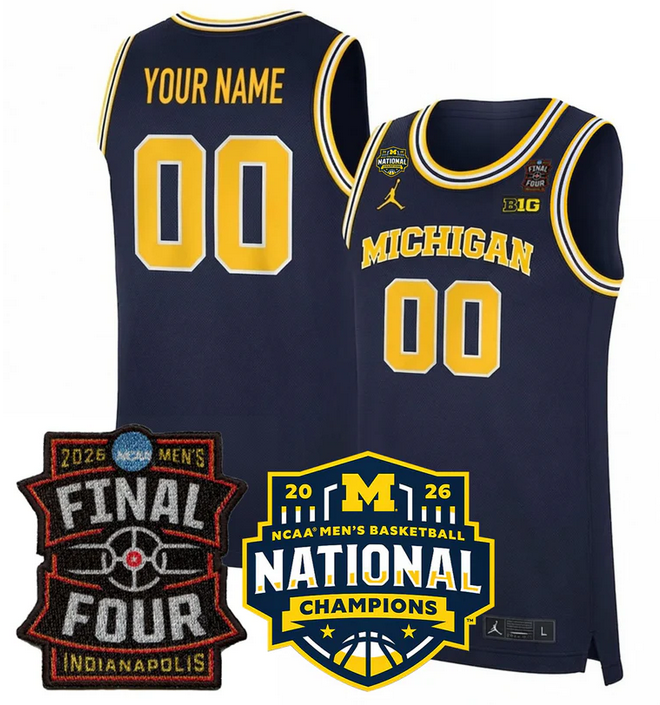 Men's Michigan Wolverines ACTIVE PLAYER Custom Navy 2025-26 Final Four & National Champions Patch Stitched Basketball Jersey