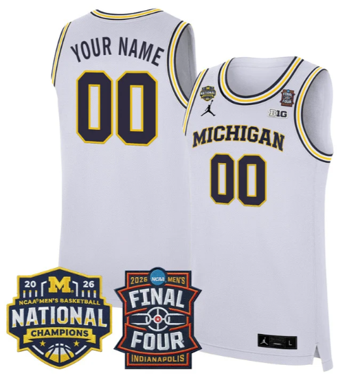 Men's Michigan Wolverines ACTIVE PLAYER Custom White 2025-26 Final Four & National Champions Patch Stitched Basketball Jersey