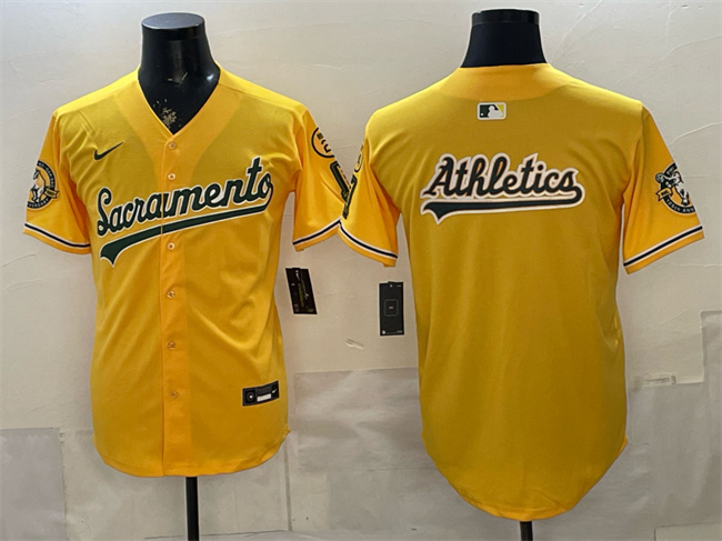 Men's Oakland Athletics Team Big Logo 2026 Yellow Alternate Sacramento Celebrating 125 Years Vapor Limited Stitched Baseball Jersey (1)