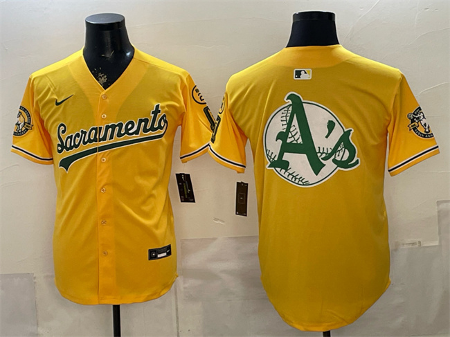 Men's Oakland Athletics Team Big Logo 2026 Yellow Alternate Sacramento Celebrating 125 Years Vapor Limited Stitched Baseball Jersey (2)