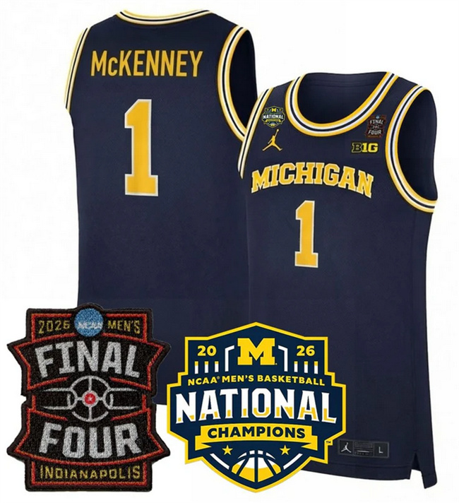 Men's Michigan Wolverines #1 Trey McKenney Navy 2025_26 Final Four & National Champions Patch Stitched Basketball Jersey