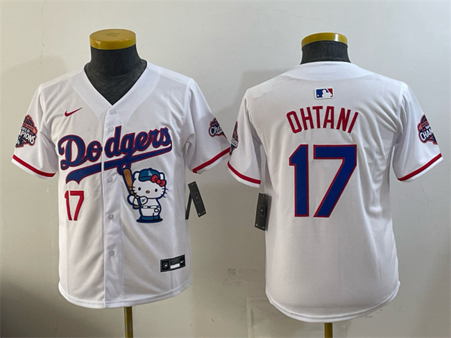 Youth Los Angeles Dodgers #17 Shohei Ohtani White Hello Kitty Night 2025 World Series Champions Patch Stitched Baseball Jersey