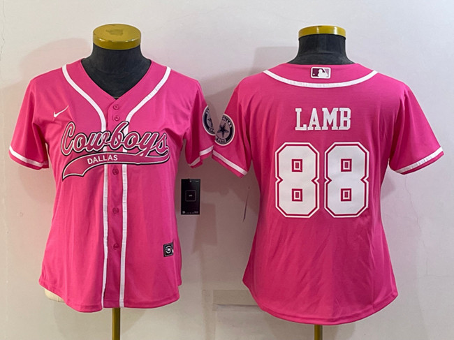 Men's Dallas Cowboys #88 CeeDee Lamb Pink With Patch Cool Base Stitched Baseball Jersey