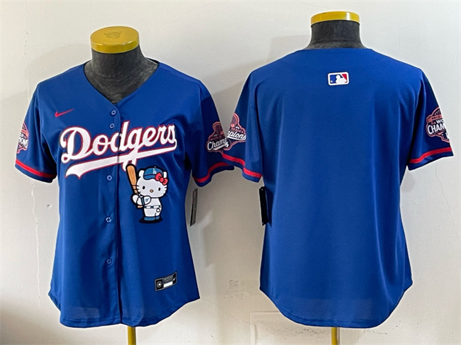 Women's Los Angeles Dodgers Blank Royal Hello Kitty Night 2025 World Series Champions Patch Stitched Baseball Jersey(Run Small)