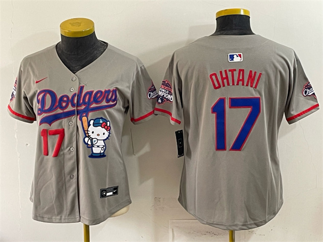 Youth Los Angeles Dodgers #17 Shohei Ohtani Grey Hello Kitty Night 2025 World Series Champions Patch Stitched Baseball Jersey