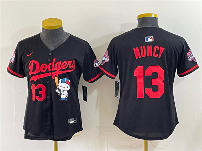 Youth Los Angeles Dodgers #13 Max Muncy Black Hello Kitty Night 2025 World Series Champions Patch Stitched Baseball Jersey