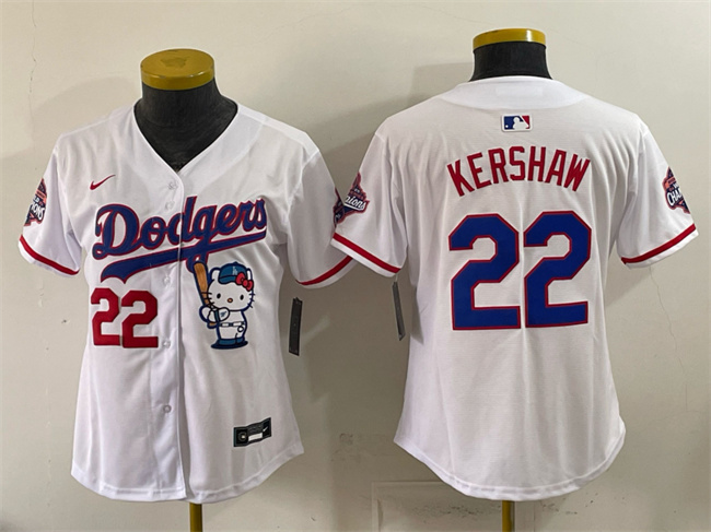 Youth Los Angeles Dodgers #22 Clayton Kershaw White Hello Kitty Night 2025 World Series Champions Patch Stitched Baseball Jersey