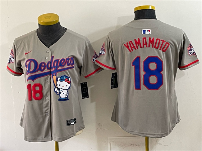 Youth Los Angeles Dodgers #18 Yoshinobu Yamamoto Grey Hello Kitty Night 2025 World Series Champions Patch Stitched Baseball Jersey