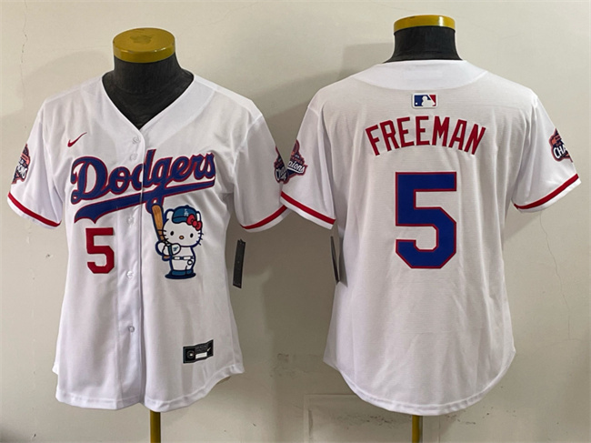 Youth Los Angeles Dodgers #5 Freddie Freeman White Hello Kitty Night 2025 World Series Champions Patch Stitched Baseball Jersey