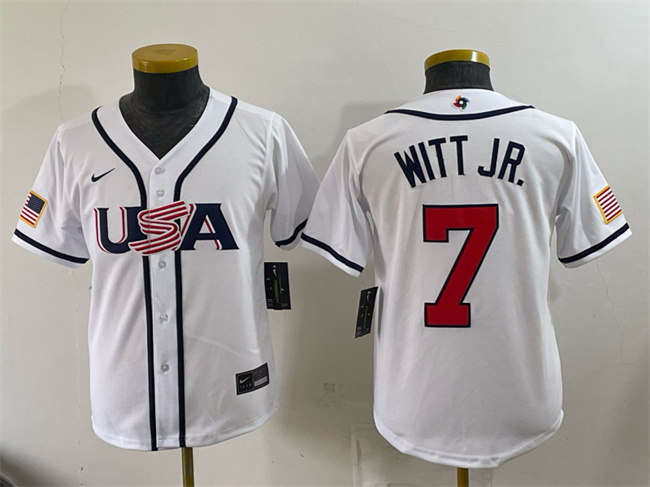 Youth USA Baseball #7 Bobby Witt Jr. White 2026 World Baseball Classic Home Stadium Stitched Baseball Jersey
