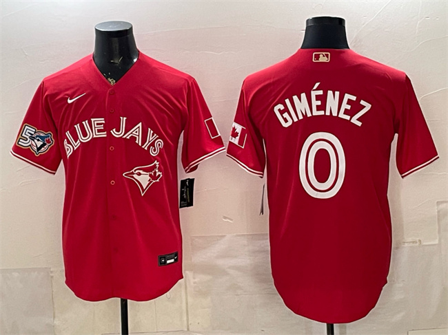 Men's Toronto Blue Jays #0 Andrés Giménez Red 50 Seasons Patch Stitched Baseball Jersey