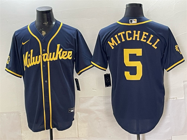 Men's Milwaukee Brewers #5 Garrett Mitchell Navy 2025 With Patch Stitched Baseball Jersey