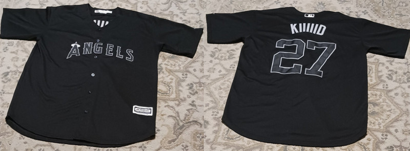 Men's Los Angeles Angels #27 Mike Trout KIIIIID Black Stitched Baseball Jersey
