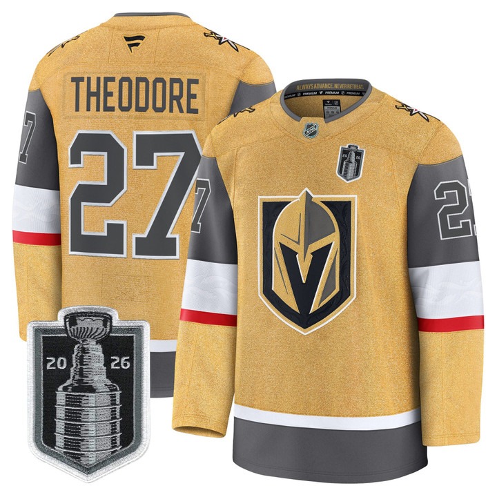 Men's Vegas Golden Knights #27 Shea Theodore Gold 2026 Stanley Cup Final Patch Home Stitched Hockey Jersey