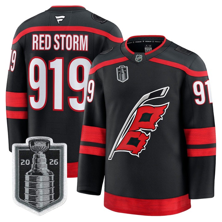 Men's Carolina Hurricanes #919 Red Storm Black 2026 Stanley Cup Final Home Premium Hockey Stitched Jersey