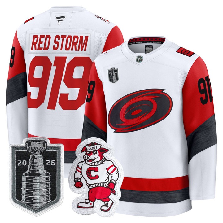 Men's Carolina Hurricanes #919 Red Storm White 2026 Stanley Cup Final Home Premium Hockey Stitched Jersey