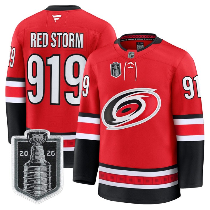 Men's Carolina Hurricanes #919 Red Storm Red 2026 Stanley Cup Final Home Premium Hockey Stitched Jersey
