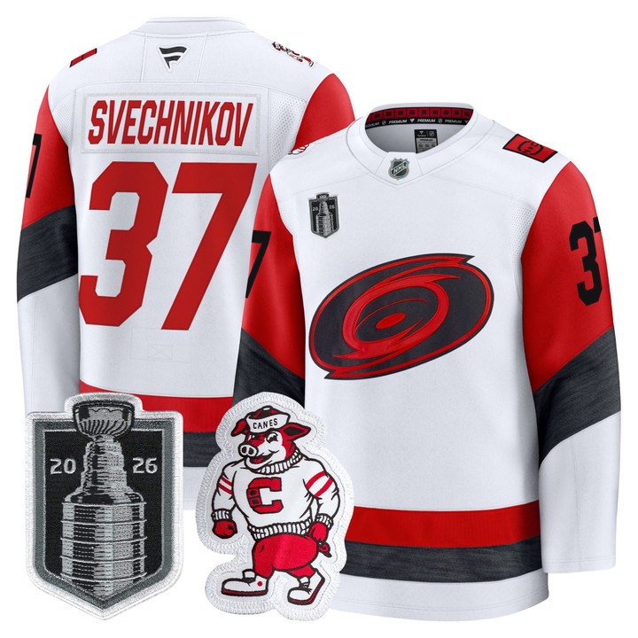Men's Carolina Hurricanes #37 Andrei Svechnikov White 2026 Stanley Cup Final Home Premium Hockey Stitched Jersey
