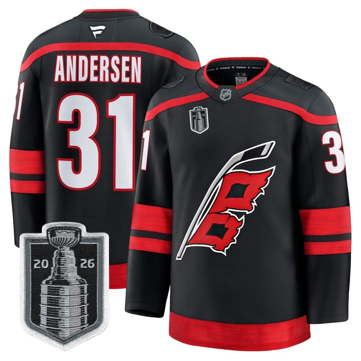 Men's Carolina Hurricanes #31 Frederik Andersen Black 2026 Stanley Cup Final Home Premium Hockey Stitched Jersey