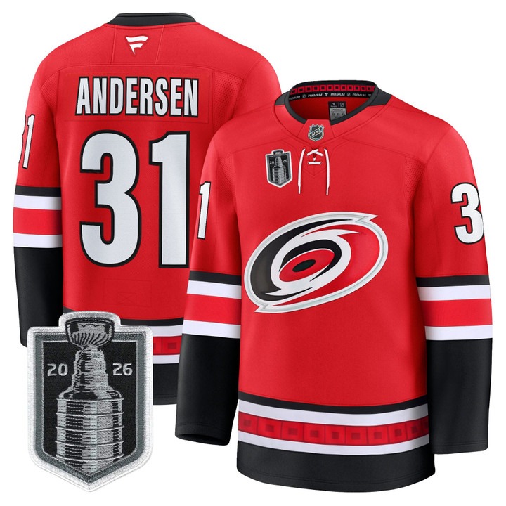 Men's Carolina Hurricanes #31 Frederik Andersen Red 2026 Stanley Cup Final Home Premium Hockey Stitched Jersey
