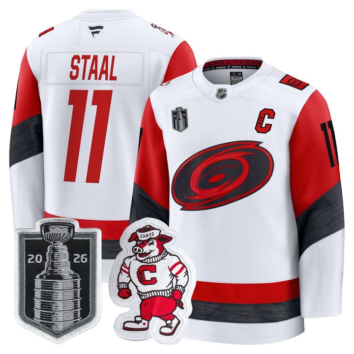 Men's Carolina Hurricanes #11 Jordan Staal White 2026 Stanley Cup Final Home Premium Hockey Stitched Jersey