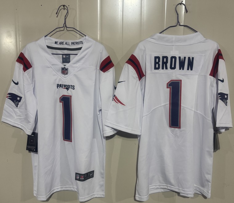 Men's New England Patriots #1 A.J. Brown White 2026 Vapor Limited Stitched Football Jersey