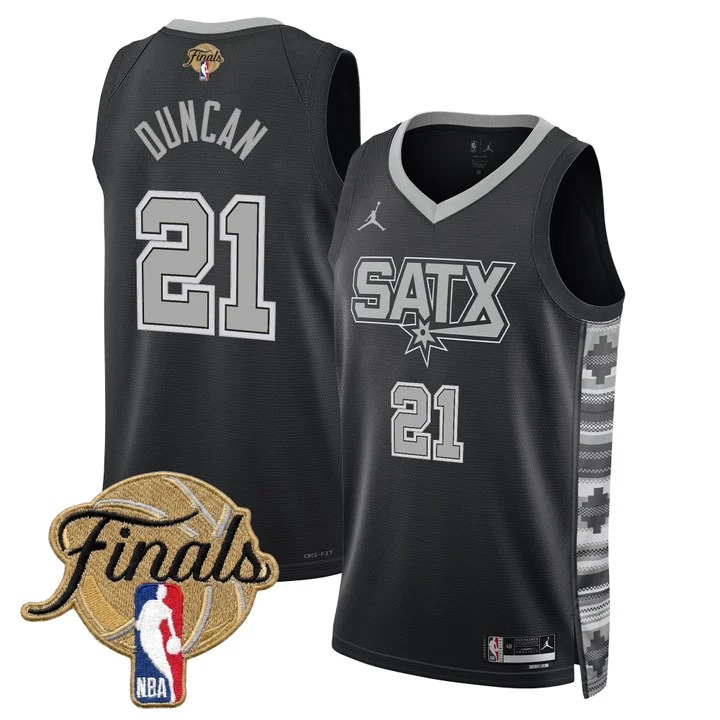 Men's San Antonio Spurs #21 Tim Duncan Black 2026 Finals Statement Swingman Stitched Jersey