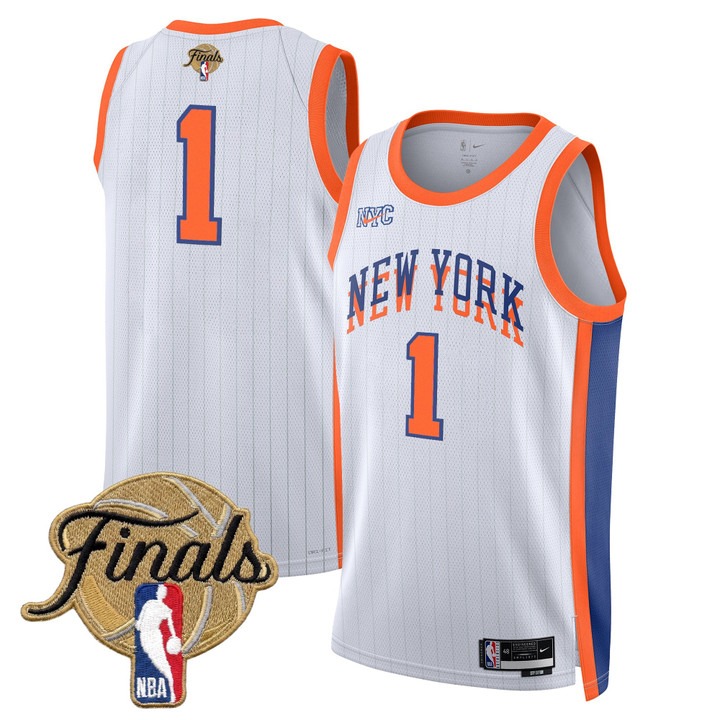 Men's New Yok Knicks #1 White 2026 Finals Patch 23-24 City Stitched Basketball Jersey