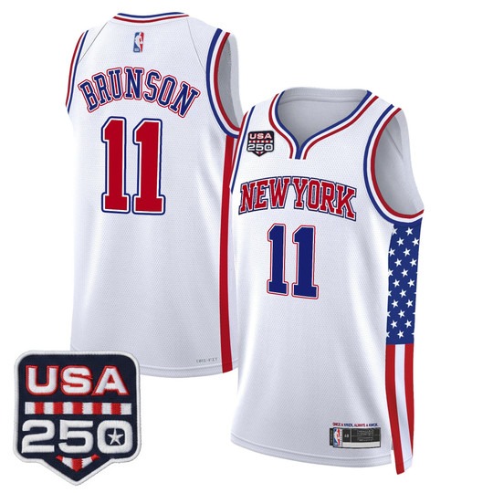 Men's New York Knicks #11 Jalen Brunson White America 250 Edition Swingman Stitched Jersey