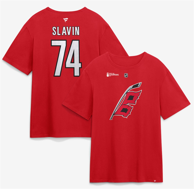 Men's Carolina Hurricanes #74 Jaccob Slavin Red 2026 Stanley Cup Champions Name & Number T-Shirt