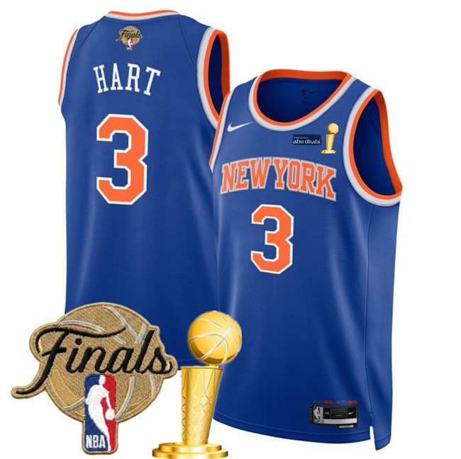 Men's New Yok Knicks #3 Josh Hart  Blue 2026 Finals Patch And Finals Champions Patch Icon Edition Stitched Basketball Jersey