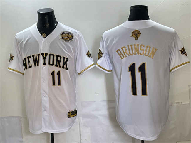 Men's New York Knicks #11 Jalen Brunson White Gold 2026 Finals & Eastern Conference Champions Patch Stitched Baseball Jersey