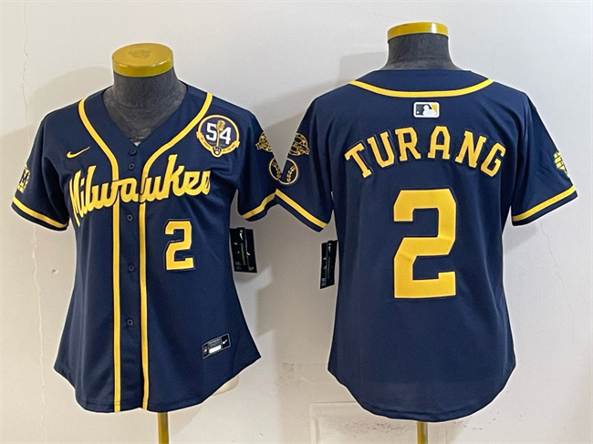 Women's Milwaukee Brewers #2 Brice Turang Navy With Home & Bob Uecker Patch Limited Stitched Jersey(Run Small)