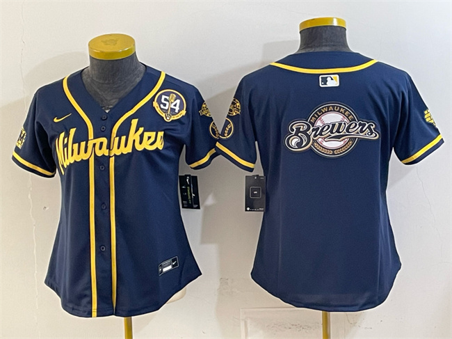 Women's Milwaukee Brewers Team Big Logo Navy With Home & Bob Uecker Patch Limited Stitched Jersey(Run Small)