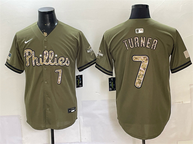 Men's Philadelphia Phillies #7 Trea Turner Olive 2026 Armed Forces Day Stitched Baseball Jersey