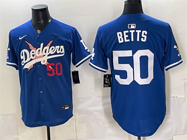 Men's Los Angeles Dodgers x One Piece #50 Mookie Betts Royal Vapor Premier Limited Stitched Baseball Jersey