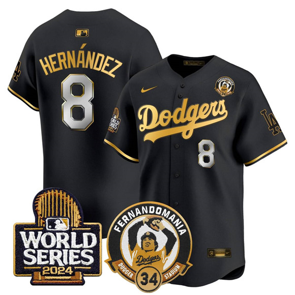Men's Los Angeles Dodgers #8 Enrique Hernandez Black Gold Fernando Valenzuela & 2024 World Series Patch Limited Stitched Baseball Jersey