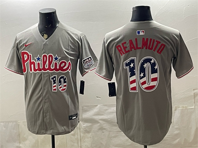 Men's Philadelphia Phillies #10 J.T. Realmuto Grey USA 250 Fourth of July Home Stitched Baseball Jersey