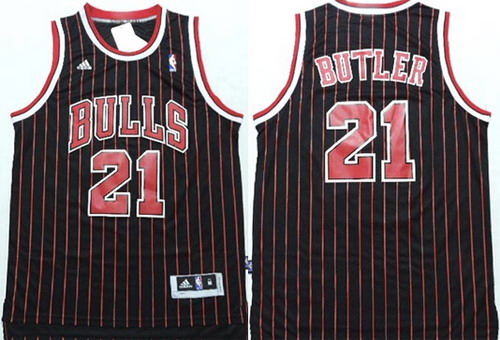 Chicago Bulls #21 Jimmy Butler Revolution 30 Swingman Black Pinstripe Jersey