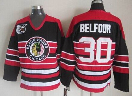 Chicago Blackhawks #30 Ed Belfour Black Pinstripe 75TH Throwback CCM Jersey