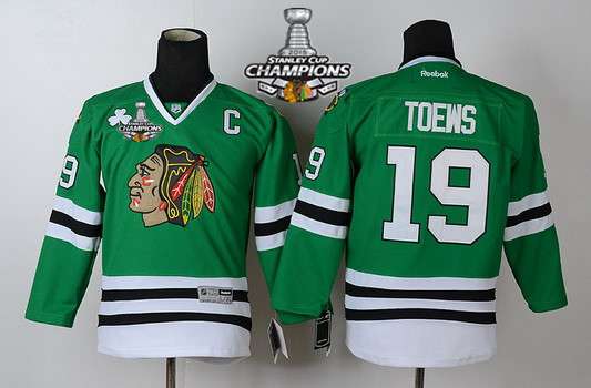 Chicago Blackhawks #19 Janathan Toews Green Kids JerseyW /2015 Stanley Cup Champion Patch