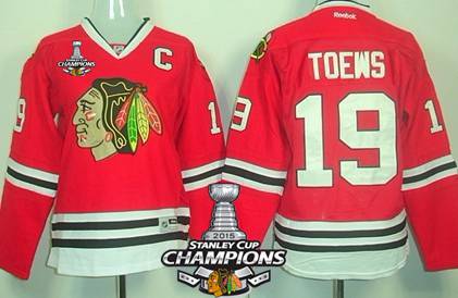 Chicago Blackhawks #19 Jonathan Toews Red Womens Jersey W/2015 Stanley Cup Champion Patch