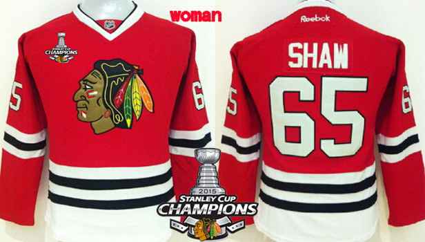 Chicago Blackhawks #65 Andrew Shaw Red Womens Jersey W/2015 Stanley Cup Champion Patch