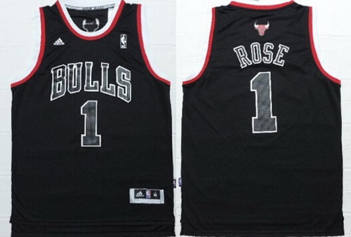 Men's Chicago Bulls #1 Derrick Rose All Black With White Outline Fashion Jersey