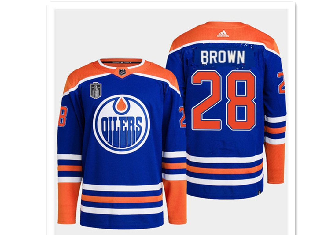 Men's Edmonton Oilers #28 Connor Brown Royal 2024 Stanley Cup Final Patch Stitched Jersey